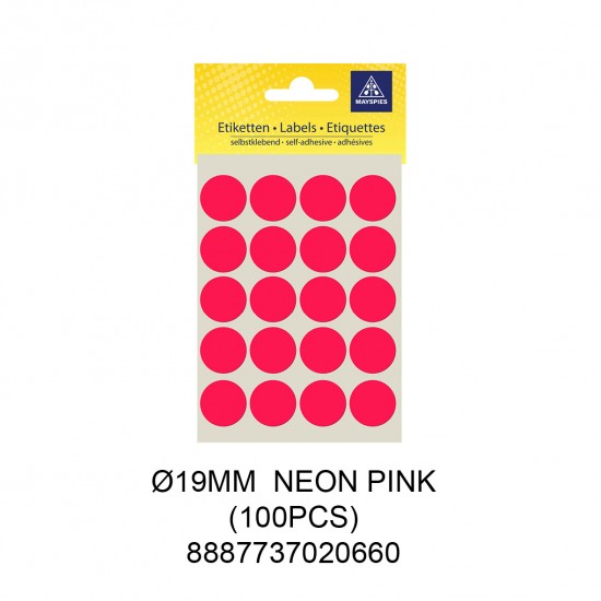 MAYSPIES MS019 COLOUR DOT LABEL / 5 SHEETS/PKT / 100PCS / ROUND 19MM NEON PINK